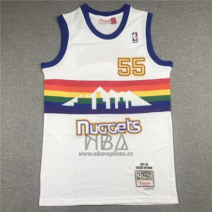 Camiseta Denver Nuggets Dikembe Mutombo NO 55 Hardwood Classics Throwback Blanco